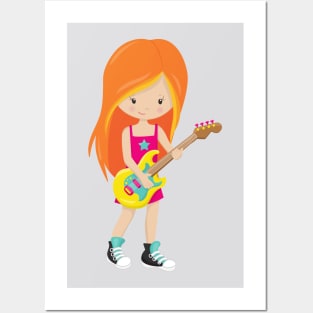 Rock Girl, Orange Hair, Guitar Player, Band, Music Posters and Art